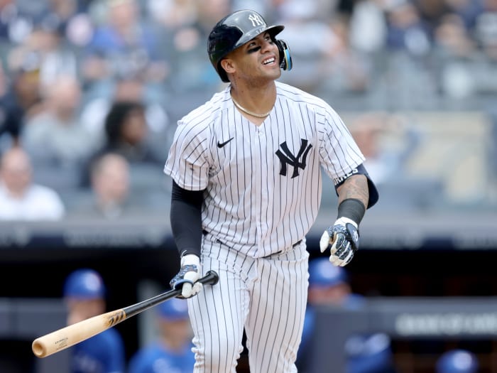 May 11, 2022; Bronx, New York, USA; New York Yankees second baseman Gleyber Torres (25) watches his three run home run against the Toronto Blue Jays during the fourth inning at Yankee Stadium.